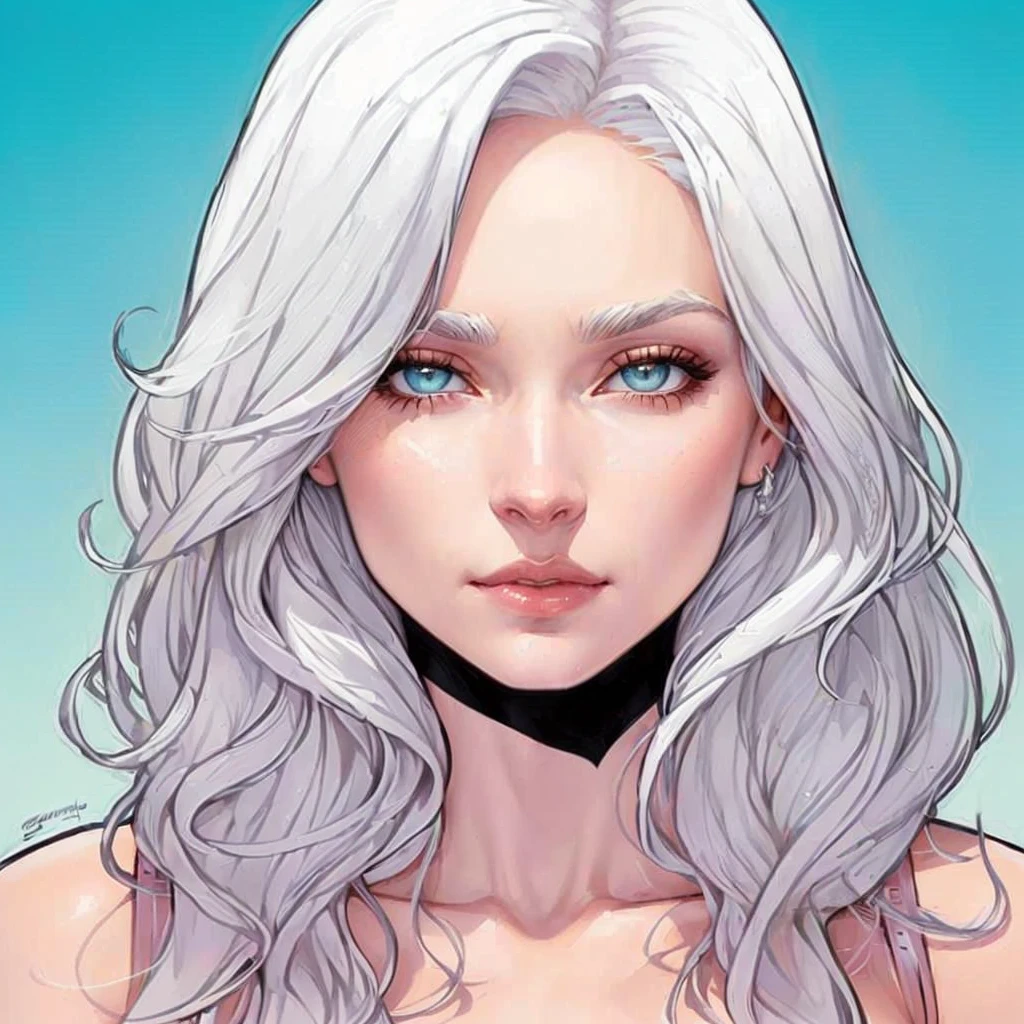 um close up de uma mulher com longos white  hair e olhos azuis, perfect white  hair girl, Emma Frost, portrait of Emma Frost, J. Scott Campbell, frank for, J Scott Campbell, by Ignacio Zuloaga, white  hair, Betty Cooper, Chris Moore. artegerm, mœbius + artegerm, de white  hair