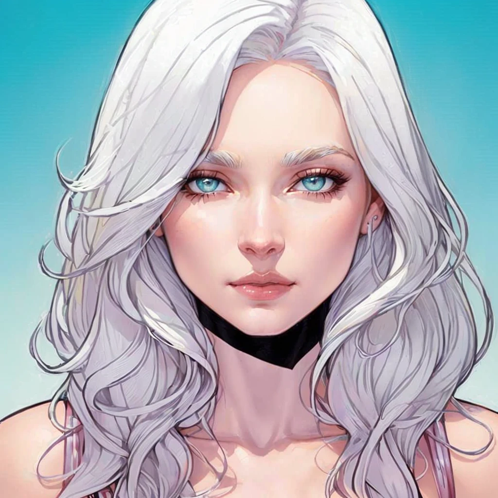 um close up de uma mulher com longos white  hair e olhos azuis, perfect white  hair girl, Emma Frost, portrait of Emma Frost, J. Scott Campbell, frank for, J Scott Campbell, by Ignacio Zuloaga, white  hair, Betty Cooper, Chris Moore. artegerm, mœbius + artegerm, de white  hair