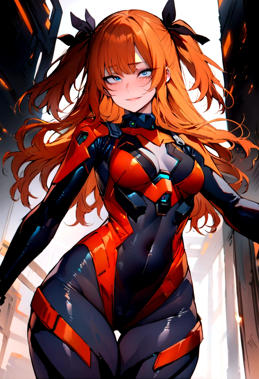 (masterpiece), best quality, expressive eyes, perfect face, 1girl, solo, blue eyes, dark orange Hair, Loose hair, hair ribbon, long hair, black ribbon, sidelocks, bangs two side up, smile, dark blue skin-tight battle suit, slim figure, looking at viewer
