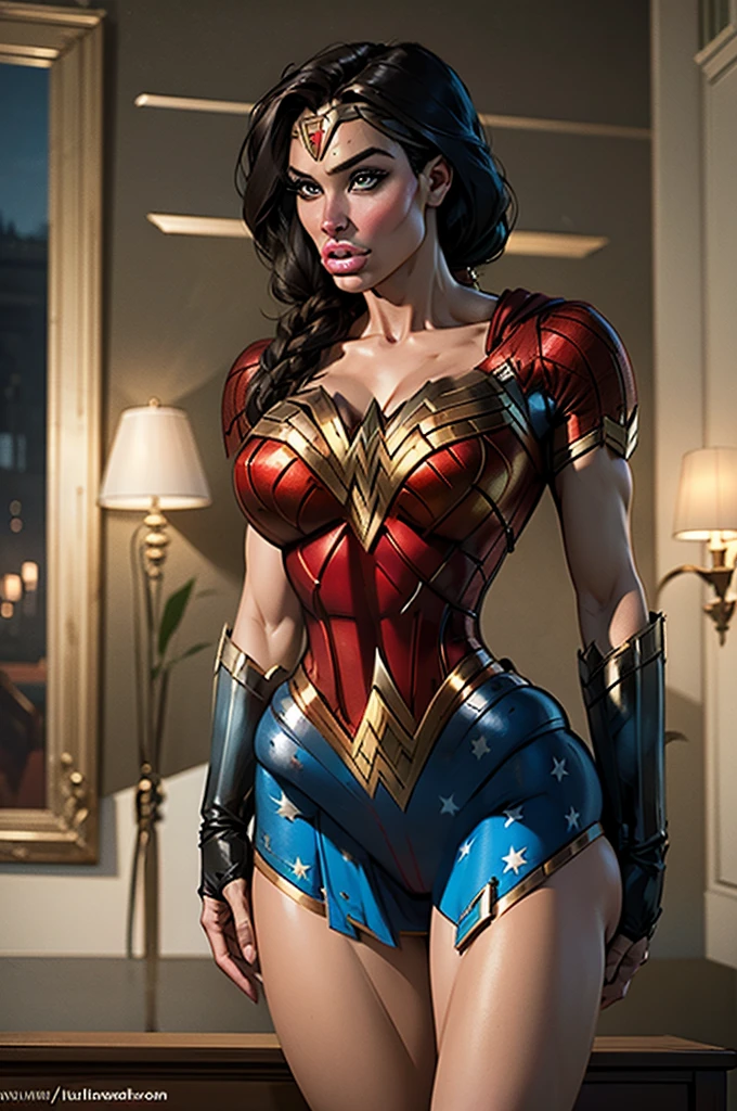 1girl, 30 y.o. woman,((Wonder Woman)), portrait in Justice League style, "Long, dark hair, often styled in pigtails that fall down over her shoulders" + "Pale, flawless skin, with a hint of a golden glow" + "Large and prominent breasts" + "voluminous, round and taut ass" + "high cheekbones" + "full lips" +" almond-shaped eyes" + " strong jawline" + "slim, toned figure with voluptuous form" + "large, perky breasts" + "tight, toned stomach" + "round, firm buttocks" + "toned, muscular legs", posing like a model, volumetric lighting, best quality, masterpiece, realistic, anatomically correct, (strong cinematic lighting), ((rim lighting)), stunning details, intricate details, 8k post-production, High resolution, super details, trending on ArtStation, sharp focus, depth of field f/1.8, studio photos, (((looking at camera)))