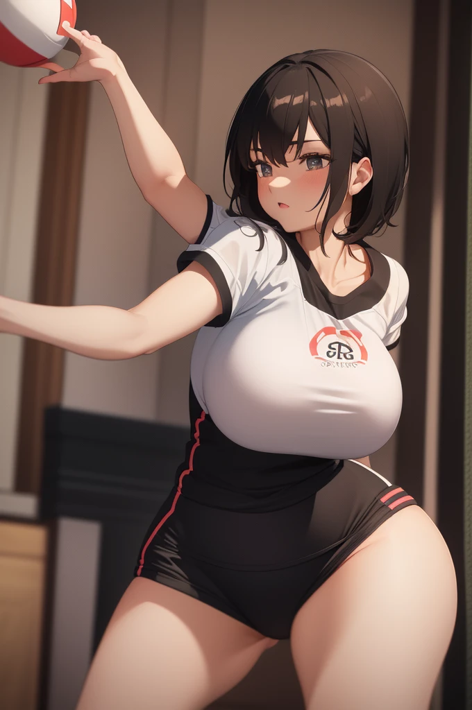 Big Breasts valley Chest up tits R18 Short black hair Gravure idol gym Sportswear High school girls Volleyball Club No sleeve cute Dark brown hair View from below Side show