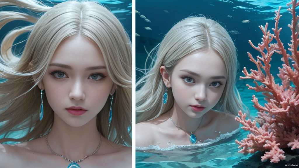 (Highest Quality Realistic Textured Skin),(terrible),(OK, round, Symmetrical eyes),Delicate facial features,(Burning bright cold eyes),(She has a mischievous smile),(Her face is kind and beautiful),Glass earrings in the ears,,(blonde),(Silvery white hair),(Chestnut Hair),(Swim at the bottom of the ocean),(Full body portrait:1.5),(Dramatic Photos:1.4),(Dramatic Pose),(Flashy photos)(look up),(Looking down),(Around her neck is a simple necklace made with exquisite craftsmanship.),Cluttered photos,(Hair flowing in water:1.5),(Underwater, Life at sea, 美しいCoral Reef, fish),(Background vortices and currents),(Dramatic Light),(Nice views),(美しいfishに囲まれて),遠くの背景にはCoral Reefに沈んだ寺院が見える,Coral Reef,Spectacular realism,Cinematic atmosphere,(High-density image review:1.5),(Soft colors:1.2),Very detailed,Dramatic Light,(Intricate details:1.1),Complex background,