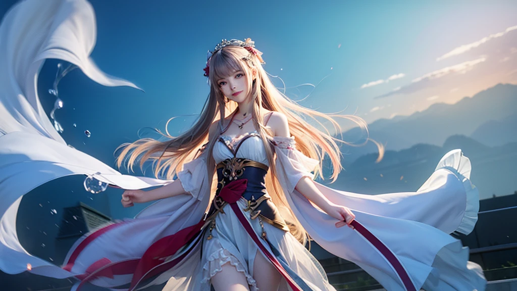 Kawaii girl, Watercolor media, Dynamic Synthesis, The most meticulous girl, Beautiful and delicate girl, , Flowing hair, #5: Parted Bangs, Detailed brunette hair, Fluffy hair, Absurdly long hair, Pretty Face, Perfect hands, Crimson eyes, White skin, Ruffle dress, Extremely delicate and beautiful, Beautiful and detailed black, Wallpaper 8k CG, Extremely detailed, best quality,