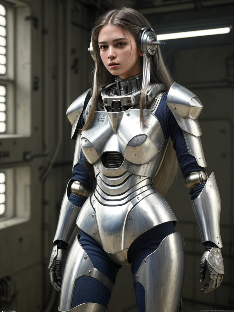 (RAW photo, 4k, masterpiece, high res, extremely intricate) (photorealistic:1.4), cinematic lighting 1girl, solo focus, summer noon, hot, 1990s \(style\),cowboy shot,indoors,the upper part of the body, masterpiece, best quality, masterpiece,best quality,official art,extremely detailed CG unity 8k wallpaper, beautiful detailed eyes, artbook, photo, real, realistic, futuristic knight, (silver, long hair), mecha girl, mechanical parts, space station, Expressive Hues, Vibrant Palette,B lack and white clothes,