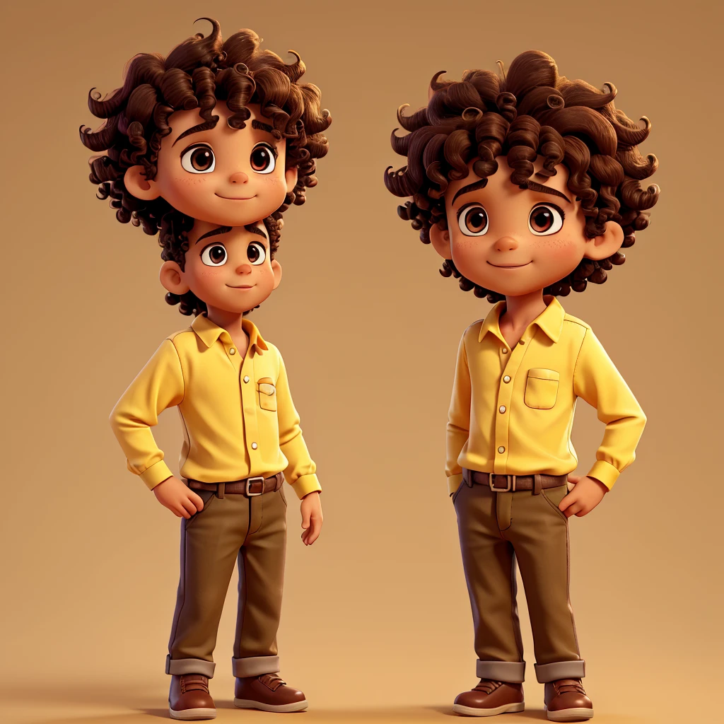 Create a little curly haired boy, yellow long sleeve blouse, background red, dark skin and the boy must be cartoon