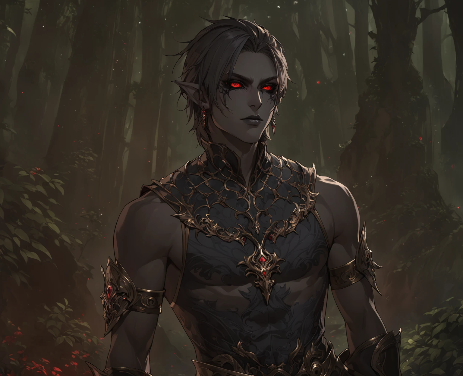 masterpiece, best quality, Fantasy aesthetics, Highly detailed, shadowverse style, male, pointy ear, drow, black sclera, red eyes