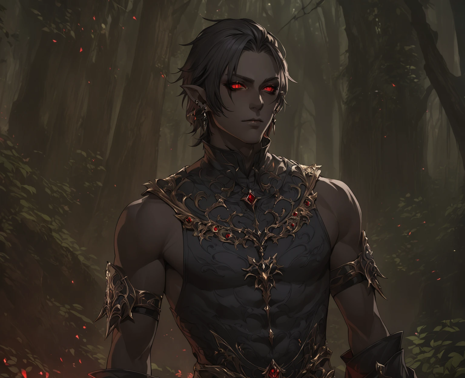 masterpiece, best quality, Fantasy aesthetics, Highly detailed, shadowverse style, male, pointy ear, drow, black sclera, red eyes