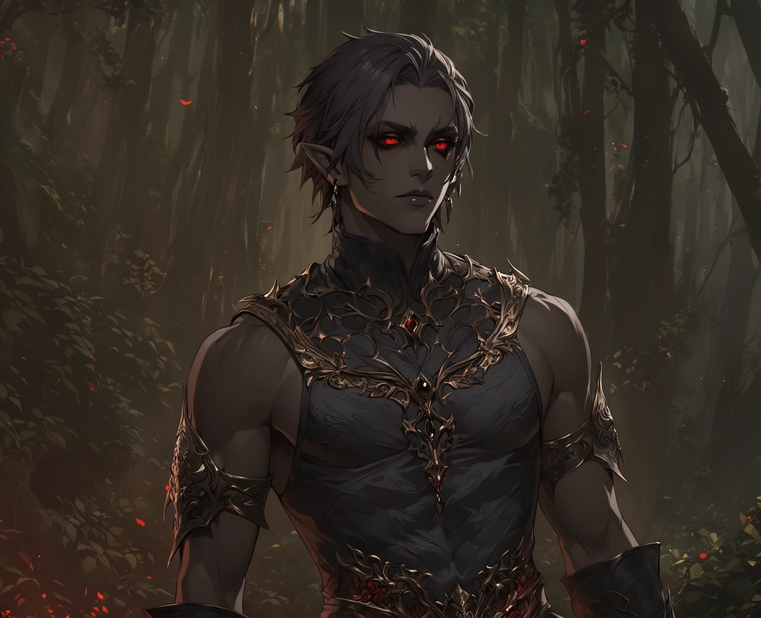 masterpiece, best quality, Fantasy aesthetics, Highly detailed, shadowverse style, male, pointy ear, drow, black sclera, red eyes