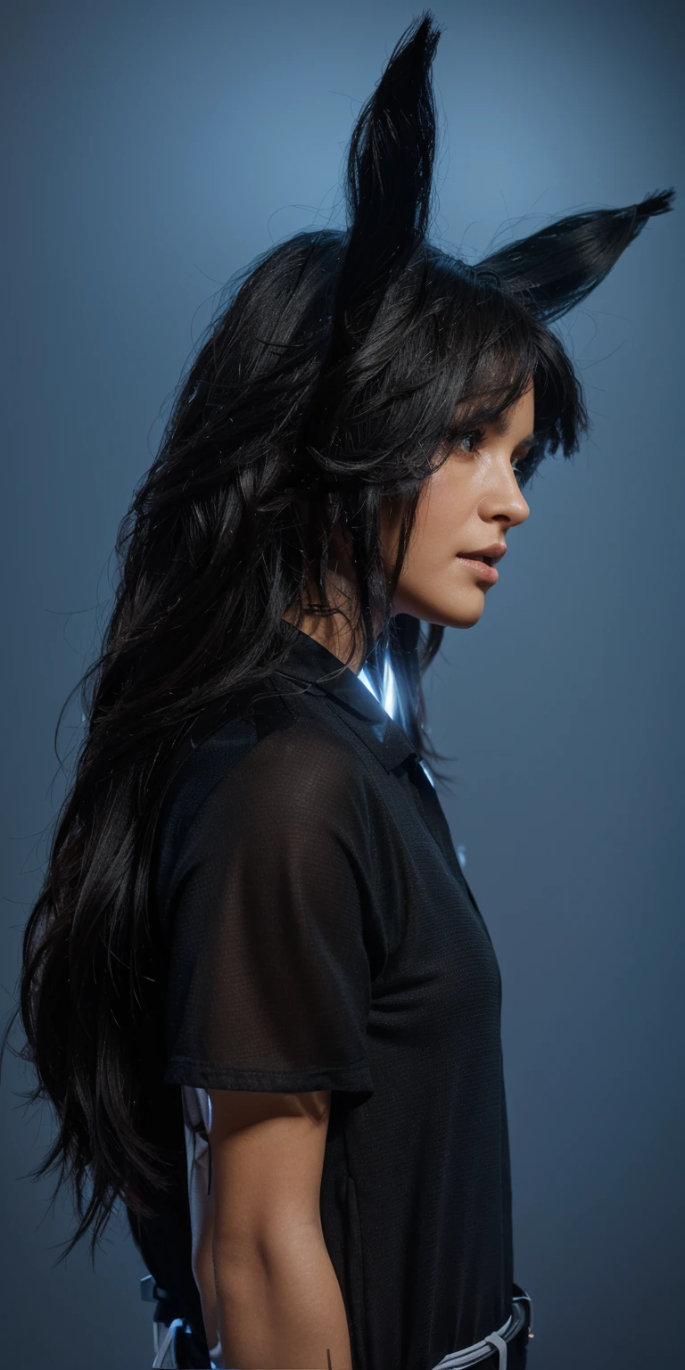 The image shows a woman with black hair and a black shirt looking to the right. She appears to be frowning, smooth 3d model, glossy plastic texture, multiple light sources, rim light, sharp post effects render, most beautiful vfx, , realistic, 4k, high resolution, rim light, smooth 3d model. ,  glossy texture, smooth 3d model, multiple light sources, rim light, sharp post effects render, (glossy plastic texture with multiple big light probe refractions), perfect cgi,   reflective, best quality, 4k, masterpiece:1.2, ultra-detailed, realistic, vivid colors, The image of the highest quality, ensuring every detail showcased perfectly. It in 4k resolution, allowing viewers to immerse themselves in the richness of the colors and intricate details. The realistic rendering. under the spotlight, reflecting, high-resolution image, realistic rendering