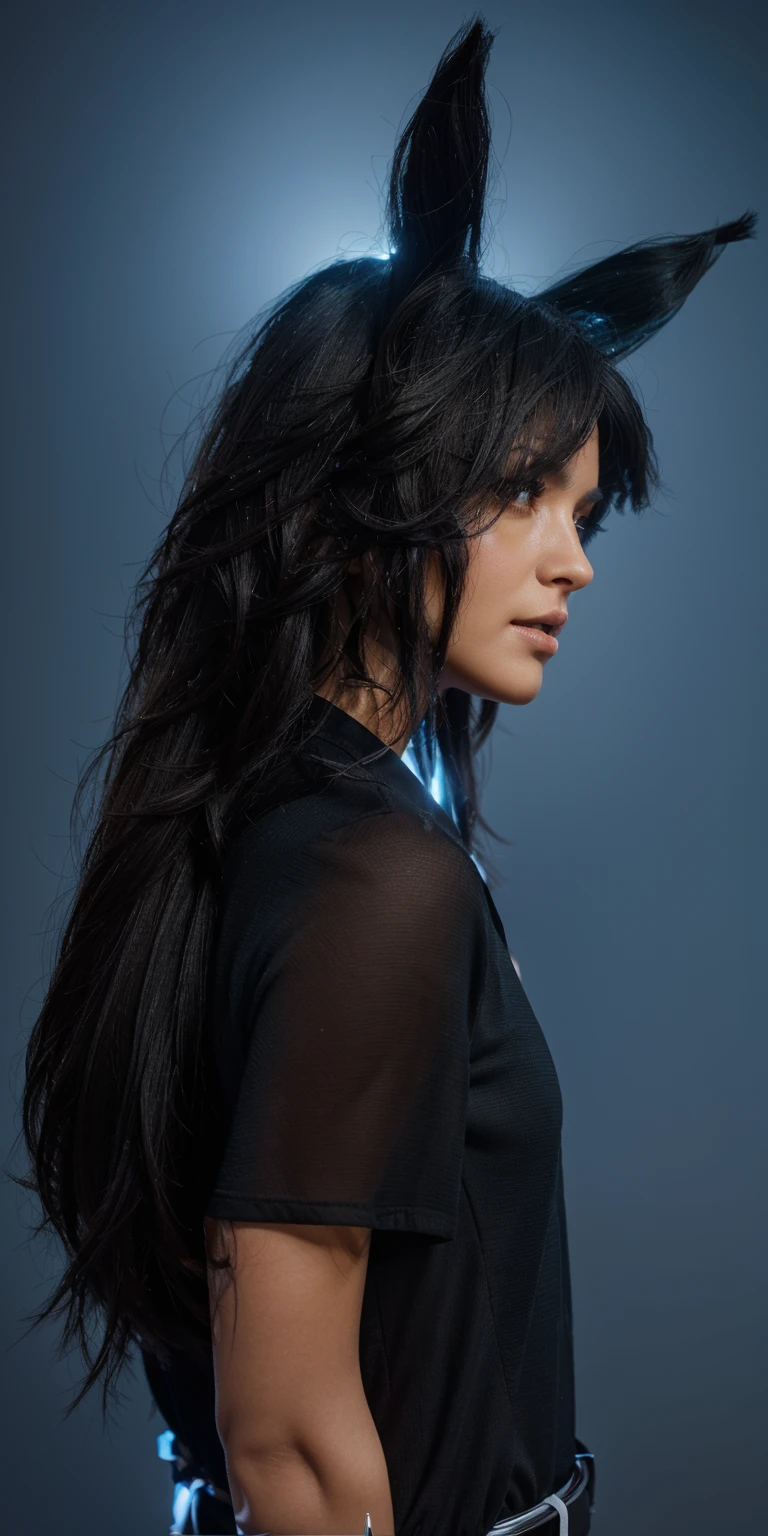 The image shows a woman with black hair and a black shirt looking to the right. She appears to be frowning, smooth 3d model, glossy plastic texture, multiple light sources, rim light, sharp post effects render, most beautiful vfx, , realistic, 4k, high resolution, rim light, smooth 3d model. ,  glossy texture, smooth 3d model, multiple light sources, rim light, sharp post effects render, (glossy plastic texture with multiple big light probe refractions), perfect cgi,   reflective, best quality, 4k, masterpiece:1.2, ultra-detailed, realistic, vivid colors, The image of the highest quality, ensuring every detail showcased perfectly. It in 4k resolution, allowing viewers to immerse themselves in the richness of the colors and intricate details. The realistic rendering. under the spotlight, reflecting, high-resolution image, realistic rendering