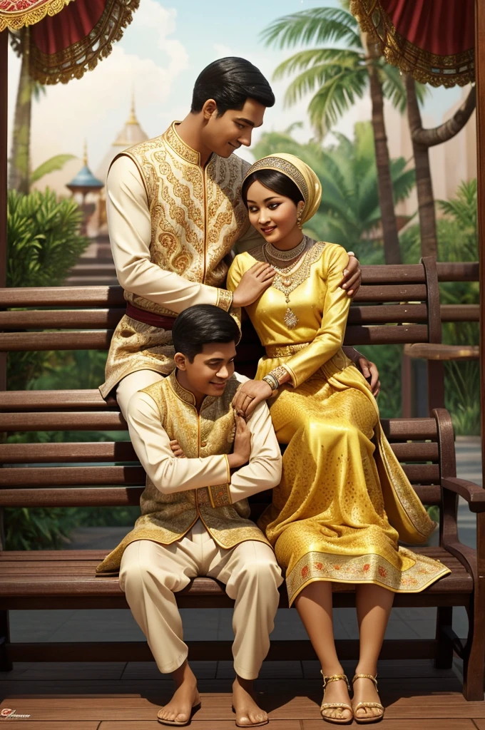 a disney pixar poster that says "Pizan & Tirah", with a couple wearing traditional malay cloth, looking at each other, the man hugging the girl fram behind, they are sitting on a bench, the man wearing a cream malay traditional cloth, the girl wearing cream kebaya cloth and printed hijab, 3d a animation