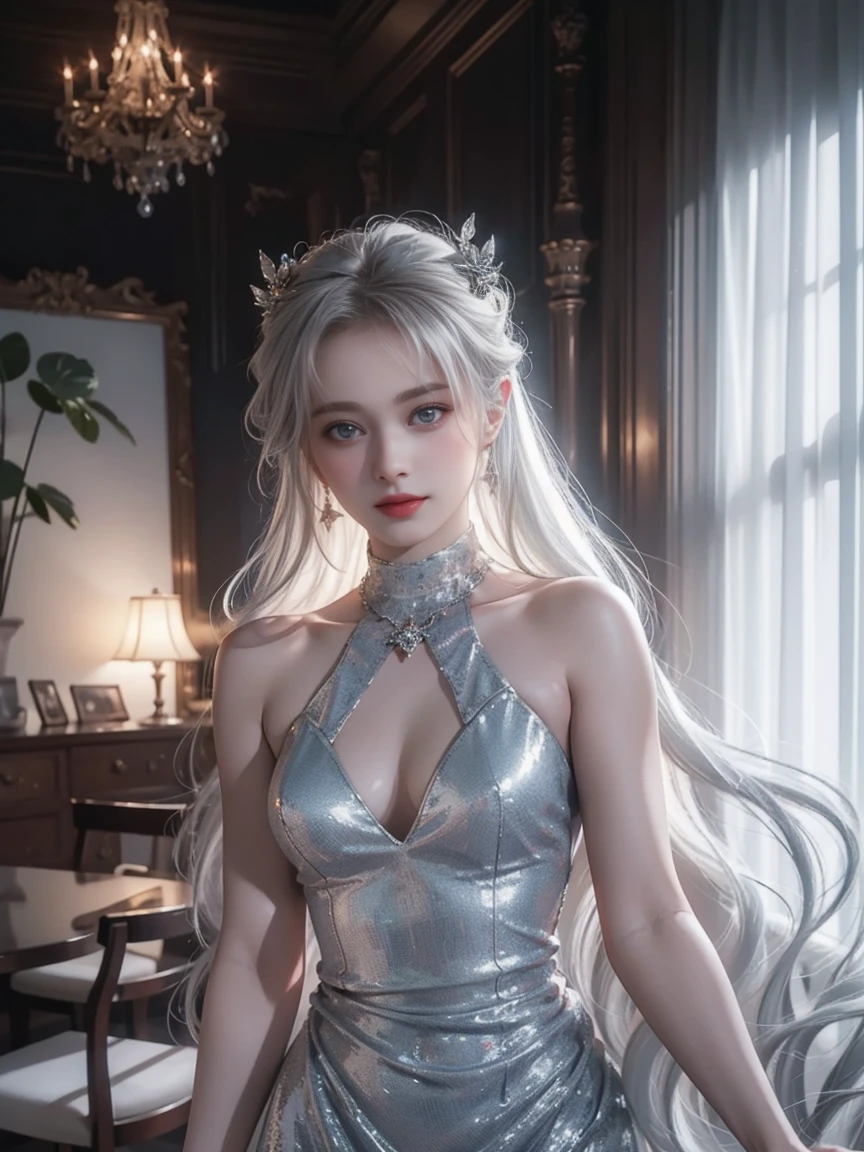 Top quality work,Photorealistic works,Ultra Premium Graphics,8K HD CG works,High-quality graphics,High-definition fine CG works,10x pixel,Ultra-fine details:1.1,Advanced technical details:1.1Photographically realistic,Indoor lighting effects:1.5,Natural light:1.5. light effect(Virtual Light Effects:1.8),超A high resolution,Shiny Blue Dress,Long silver hair,Silver hair,Transparent hair,High Detail Hair(Premium Hair Detail:1.1)Clear eyes,Good looking double eyelids,Sharp eye makeup, Delicate makeup for eyelashes, Thin eyebrows, ultradetailed eyes,High Nose, lovely red lips, Rose cheeks, Face with delicate makeup , Pretty Face, A perfectly proportioned face,(Advanced facial details:1.1)Collection of shiny blue luxury dresses,Blue Sequin Dresses,Sequin coat,shiny,Tight long skirt,Summer Sexy Hip Wrap Fishtail Sleeveless Commuter Maxi,Horse Stockings 100%Oil Gloss Panst Gloss Silk Luster 8D Black Silk Woman,Stiletto heelitts,Beautiful long dresses,wonderful dress,Bright Red Series,Haute Couture Dresses Collection,Dress Photography,Authentic dress works,In the banquet hall,Women's Artwork,full-body view,Goddess of Dress,Reality,amazing,Today's eyes are bright