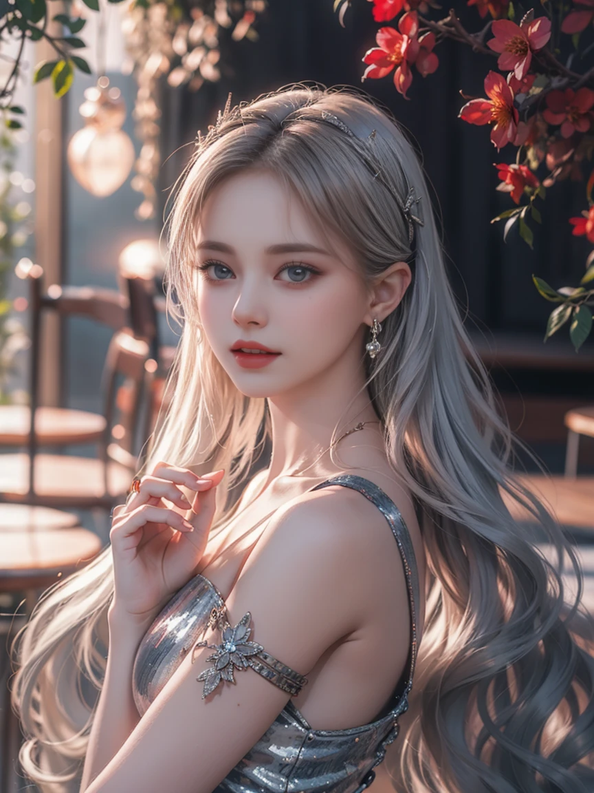 Top quality work，Photorealistic works，Ultra Premium Graphics，8K HD CG works，High-quality graphics，High-definition fine CG works，10x pixel，Ultra-fine details：1.1，Advanced technical details：1.1Photographically realistic，Indoor lighting effects：1.5，Natural light：1.5. light effect（Virtual Light Effects：1.8），超A high resolution，Shiny Blue Dress，Long silver hair，Silver hair，Transparent hair，High Detail Hair（Premium Hair Detail：1.1）Clear eyes，Good looking double eyelids，Sharp eye makeup, Delicate makeup for eyelashes, Thin eyebrows, ultradetailed eyes，High Nose, lovely red lips, Rose cheeks, Face with delicate makeup , Pretty Face, A perfectly proportioned face,（Advanced facial details：1.1）Collection of shiny blue luxury dresses，Blue Sequin Dresses，Sequin coat，shiny，Tight long skirt，Summer Sexy Hip Wrap Fishtail Sleeveless Commuter Maxi，Horse Stockings 100%Oil Gloss Panst Gloss Silk Luster 8D Black Silk Woman，Stiletto heelitts，Beautiful long dresses，wonderful dress，Bright Red Series，Haute Couture Dresses Collection，Dress Photography，Authentic dress works，In the banquet hall，Women's Artwork，full-body view，Goddess of Dress，Reality，amazing，Today's eyes are bright