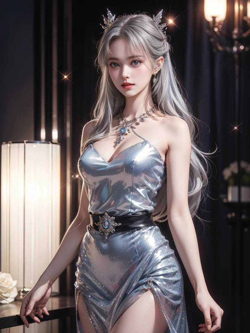 Top quality work，Photorealistic works，Ultra Premium Graphics，8K HD CG works，High-quality graphics，High-definition fine CG works，10x pixel，Ultra-fine details：1.1，Advanced technical details：1.1Photographically realistic，Indoor lighting effects：1.5，Natural light：1.5. light effect（Virtual Light Effects：1.8），超A high resolution，Shiny Blue Dress，Long silver hair，Silver hair，Transparent hair，High Detail Hair（Premium Hair Detail：1.1）Clear eyes，Good looking double eyelids，Sharp eye makeup, Delicate makeup for eyelashes, Thin eyebrows, ultradetailed eyes，High Nose, lovely red lips, Rose cheeks, Face with delicate makeup , Pretty Face, A perfectly proportioned face,（Advanced facial details：1.1）Collection of shiny blue luxury dresses，Blue Sequin Dresses，Sequin coat，shiny，Tight long skirt，Summer Sexy Hip Wrap Fishtail Sleeveless Commuter Maxi，Horse Stockings 100%Oil Gloss Panst Gloss Silk Luster 8D Black Silk Woman，Stiletto heelitts，Beautiful long dresses，wonderful dress，Bright Red Series，Haute Couture Dresses Collection，Dress Photography，Authentic dress works，In the banquet hall，Women's Artwork，full-body view，Goddess of Dress，Reality，amazing，Today's eyes are bright