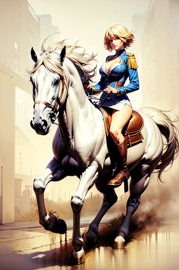 ((best quality)), ((anime masterpiece)), (high detailed), 8k, HDR, cinematic lighting, perfect face, large breast, cleavage, blue eyes, 1girl riding a WHITE HORSE, short hair, pixie cut, {blonde hair}, (sexy uniform, miniskirt, bare legs, black boots), [white horse, saddle, reins, bridle, stirups], solo, FULL BODY, both hand holding rein, (from side: 1.2), anatomically correct
