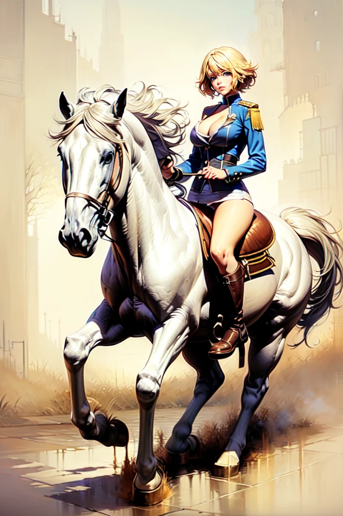 ((best quality)), ((anime masterpiece)), (high detailed), 8k, HDR, cinematic lighting, perfect face, large breast, cleavage, blue eyes, 1girl riding a WHITE HORSE, short hair, pixie cut, {blonde hair}, (sexy uniform, miniskirt, bare legs, black boots), [white horse, saddle, reins, bridle, stirups], solo, FULL BODY, both hand holding rein, (from side: 1.2), anatomically correct
