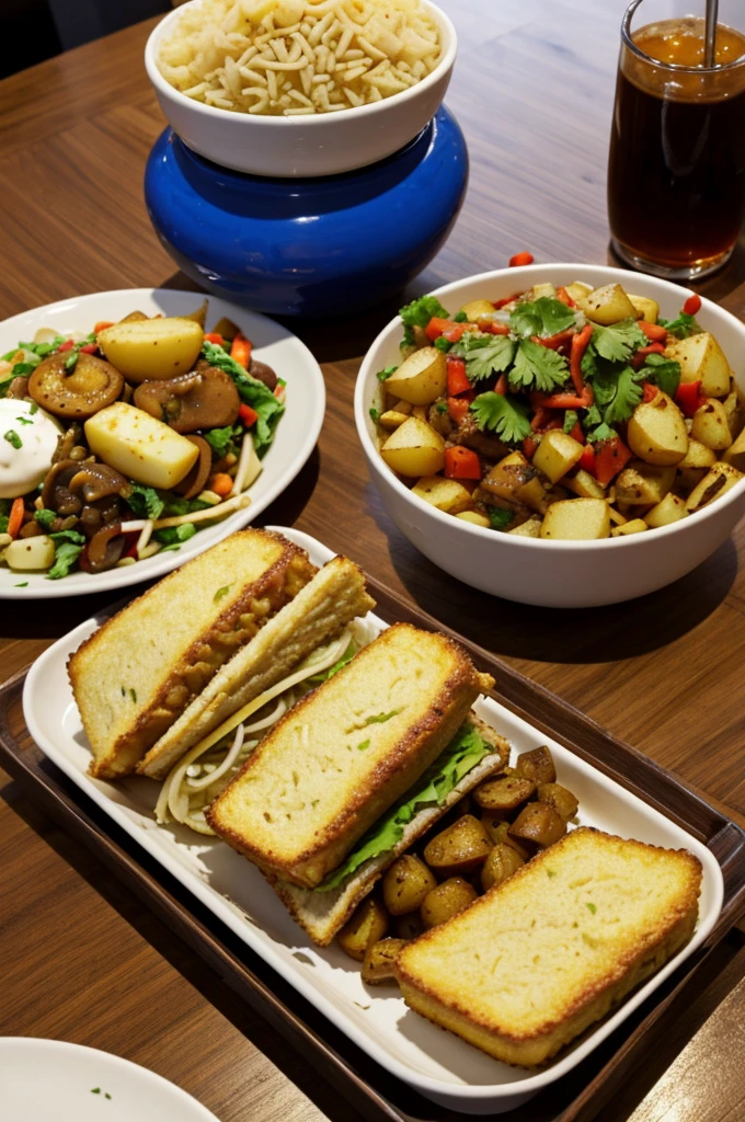 Peruvian having lunch in a restaurant Chinese chancho a la Caja and potato cake