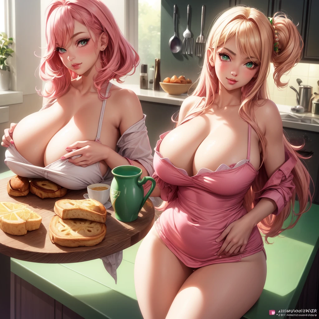 ((1 girls), solo, clevage, Big round breasts, trendy, stylish, clevage, thighs, hips, realistic, pink hair, blonde hair, light green eyes, lip gloss, detailed face, amazing big eyes, eye details, big lips, eyebrow details, blush, smirk, naughty, mischevious face, HD, good quality, kitchen, breakfast