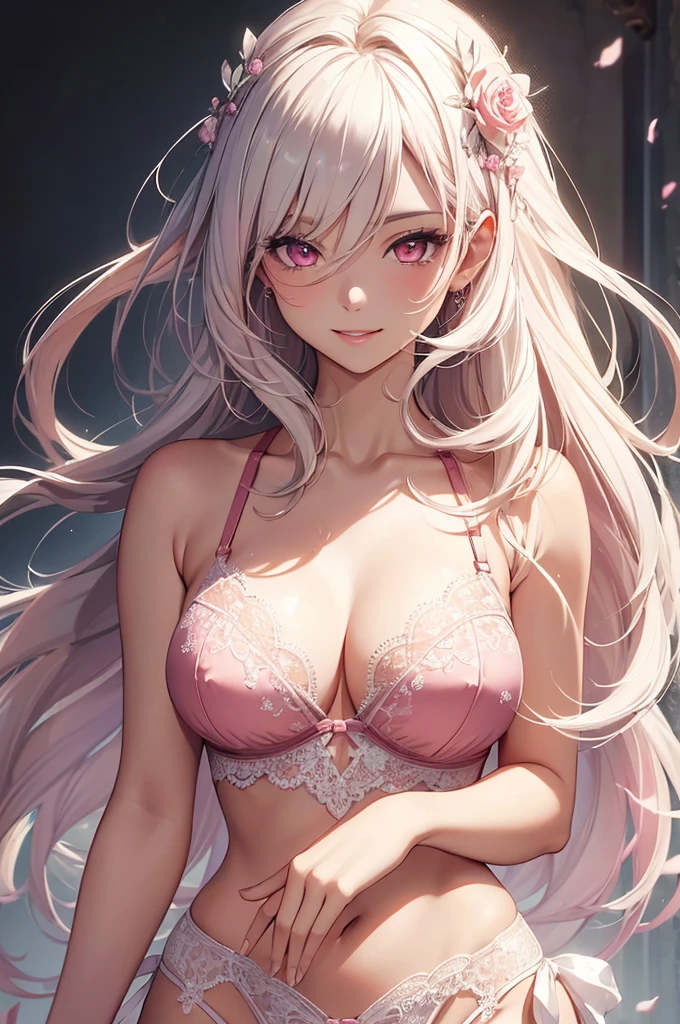 (最high quality, High resolution, masterpiece:1.2), Realistic, lace thong bra, Detailed Female Portrait, Beautiful slim legs, Long, flowing white hair, Bright pink eyes, masterpiece smile, high quality,