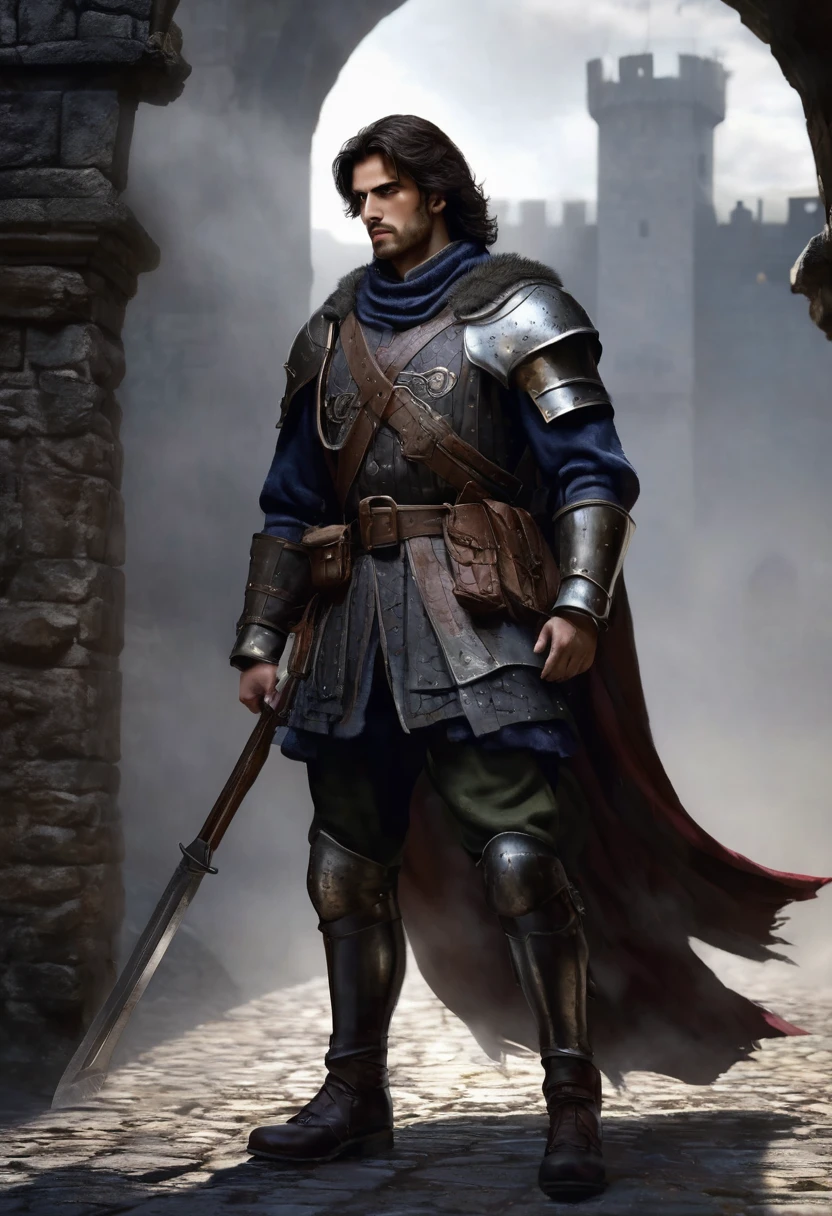 1 man, he is a soldier and is inside a dark medieval castle, wearing soldier's clothes in dark colors with noble and medieval details, detailed facial features, masculine eyes, detailed brown skin, long messy dark hair, expression strong and serious, dramatic lighting, cinematic composition, cold and dark, atmospheric fog, handsome face, square chin, handsome man, masculine, very strong and muscular body structure, big man (best quality, 4K, 8K, high resolution, art: 1.2), ultra-detailed, (realistic, photorealistic, photorealistic: 1.37)
