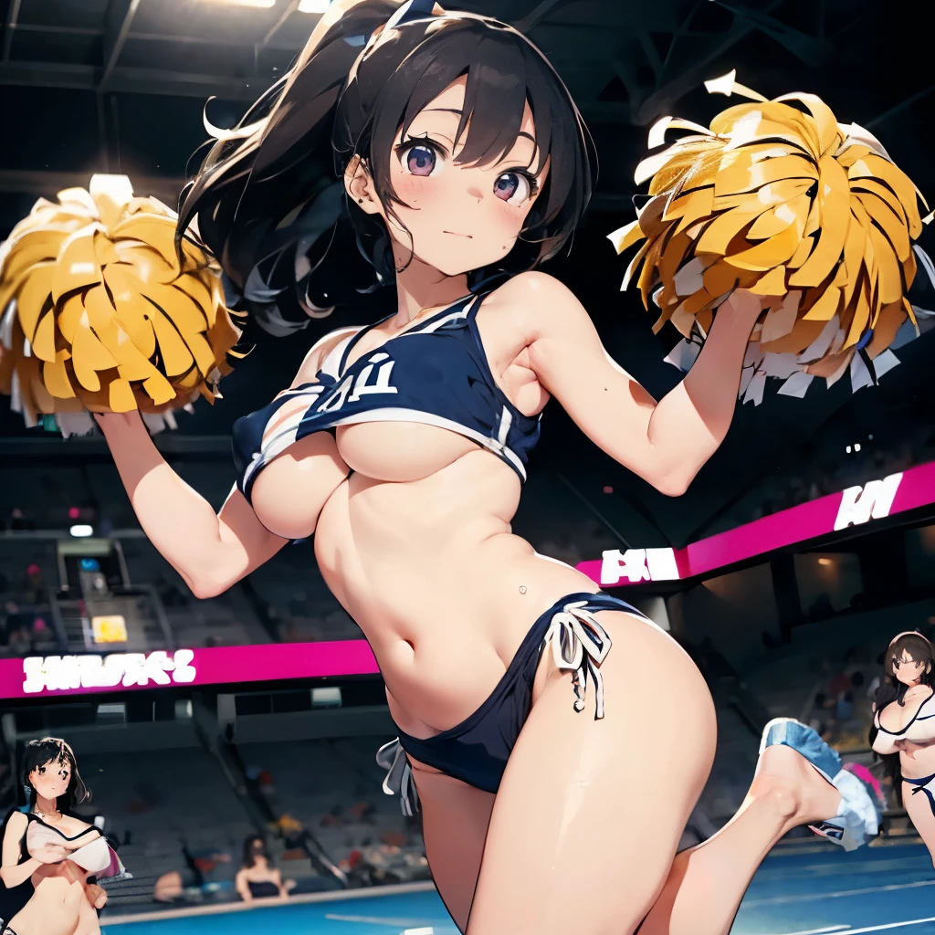 nsfw:1.5,(Ultra flat, Flat Shading), Honors Type, Really blushing, , (Cheerleading match:1.5), Wear White (High cut T-back bikini swimwear:1.5), Wedge Shape:1.5, Camel Toe:1.7, Sneakers, Ponytail Brown Hair, Sweaty healthy body, ローションと汗でwhole bodyびしょ濡れ, barefoot, belly button, Ultra-realistic, Wind, In crowded public places, Jump:1.5、Jumping、(bare breasts:1.5)、((showing off nipples:1.5))、Underhow off nipple:1.5)、(bra lift:1.5)、whole body、(Huge Breasts:1.8)、 slip out、Falling Breasts