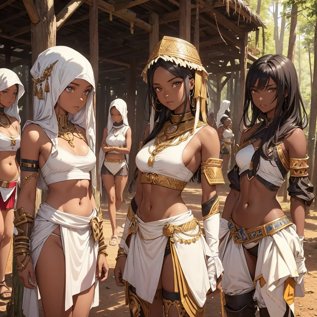 African warrior girl, black skin , dark skin , only girls , forest in the background ,five girls, sandals , multiple girls ,exposed belly, toned body, slim body, curves , black hair, light armor , knee pads, elbow pads,

