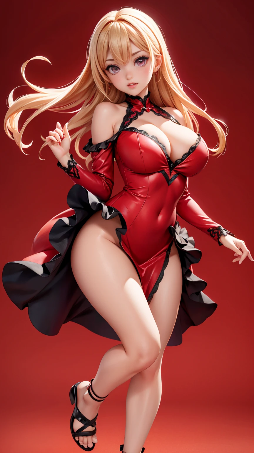 (full_body)、Woman、red_background、big_breasts:1.5、Detailed、POP、vivid、pose、dress:1.5、Open chest