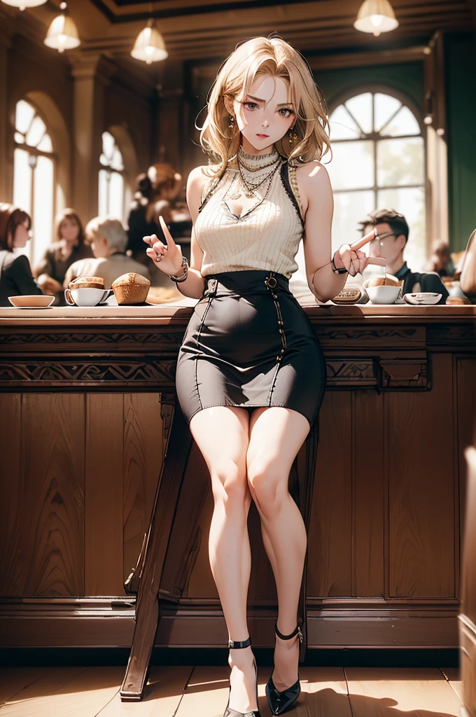 NSFW,(Natural finger shape:1.5),((Full Body Shot,Including face)),Standing position,4K,masterpiece,((Focus on the face)),((Symmetrical facial features)),Eye for detailed depiction,Beautiful woman,Excellent style,Beautiful feet,(Small Ass,Thin thighs),(Patterned black stockings:2,High heels),Facial detailing,Small earrings,necklace,Low angle photo,((Knitted sleeveless top,Tight Skirt)),(A scene of people having a conversation in a cafe:2),(((Sit leaning back))),Blonde