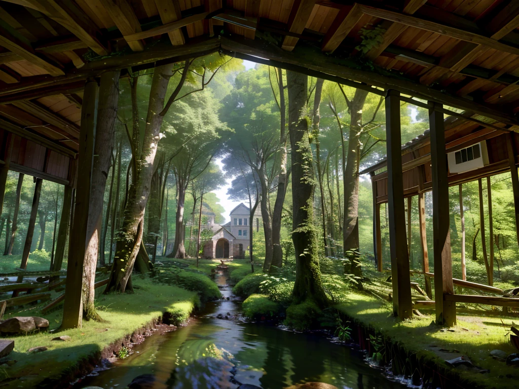 8K picture quality,Best quality,masterpiece,HD,超丰富的8K HD画质, River Forest Forest grows in rivers,There is a church in the woods,Church scenery