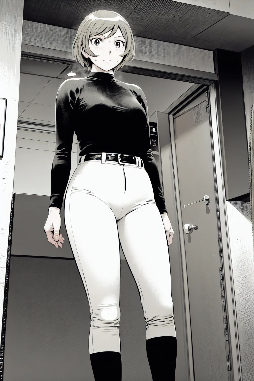 、(masterpiece、Highest quality)、Highest quality, Ultra-high resolution, (((masterpiece))), alone, Sweat、Big eyes,Tight black shirt、Tight white pants、belt、indoor、Composition from the front、(Cut the back hair short、short hair、blonde、woman)、Shortcuts、Embarrassed face、Cut your hair short、可愛いwomanの子、Big Breasts、office