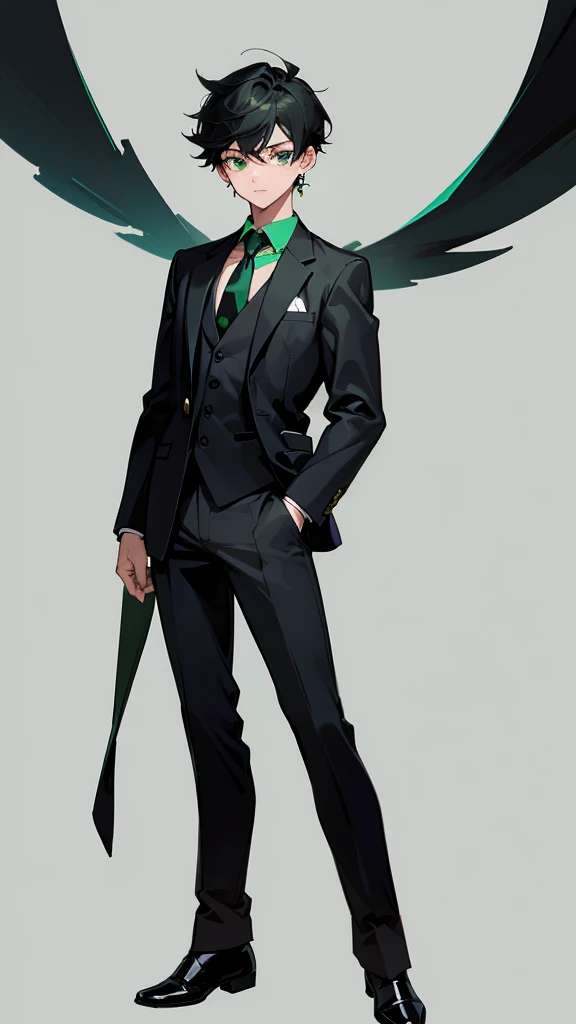 ((Highest quality)), ((masterpiece)), (detailed), whole body，standing，simple background，green eyes，black hair，black suit，green necktie，young boys，simple earring