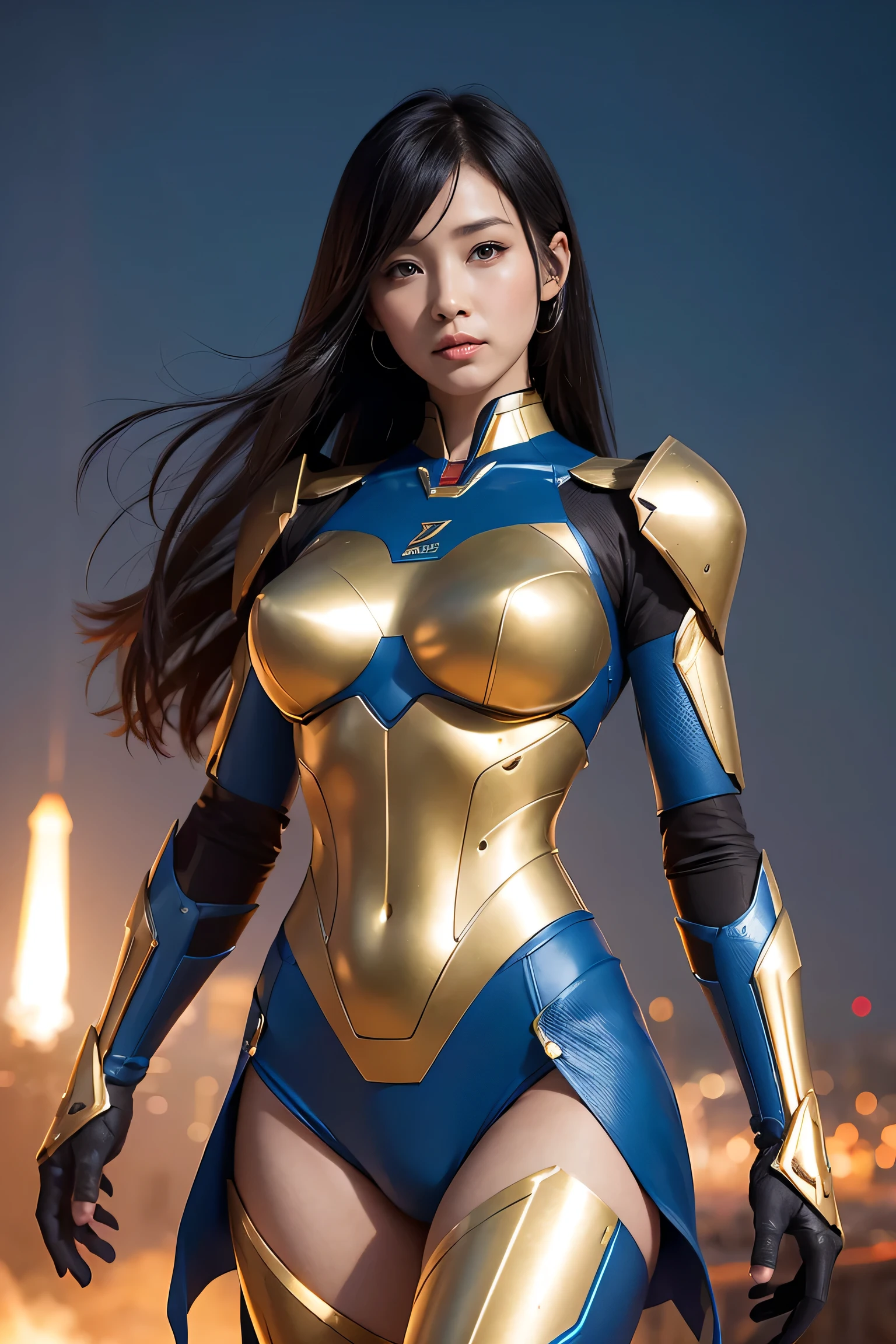 Textured skin, Very detailed, Attention to detail, high quality, 最high quality, High resolution, 1080P, , beautiful,(Super Heroine),Missile Guide,Beautiful cyborg woman,Mecha Cyborg Girl,Battle Mode,A girl with a metallic blue and gold mecha body,she&#39;Armed Combat Cyborg、Equipped with combat mechs,Full Body Shot、Diffuse reflection of laser light