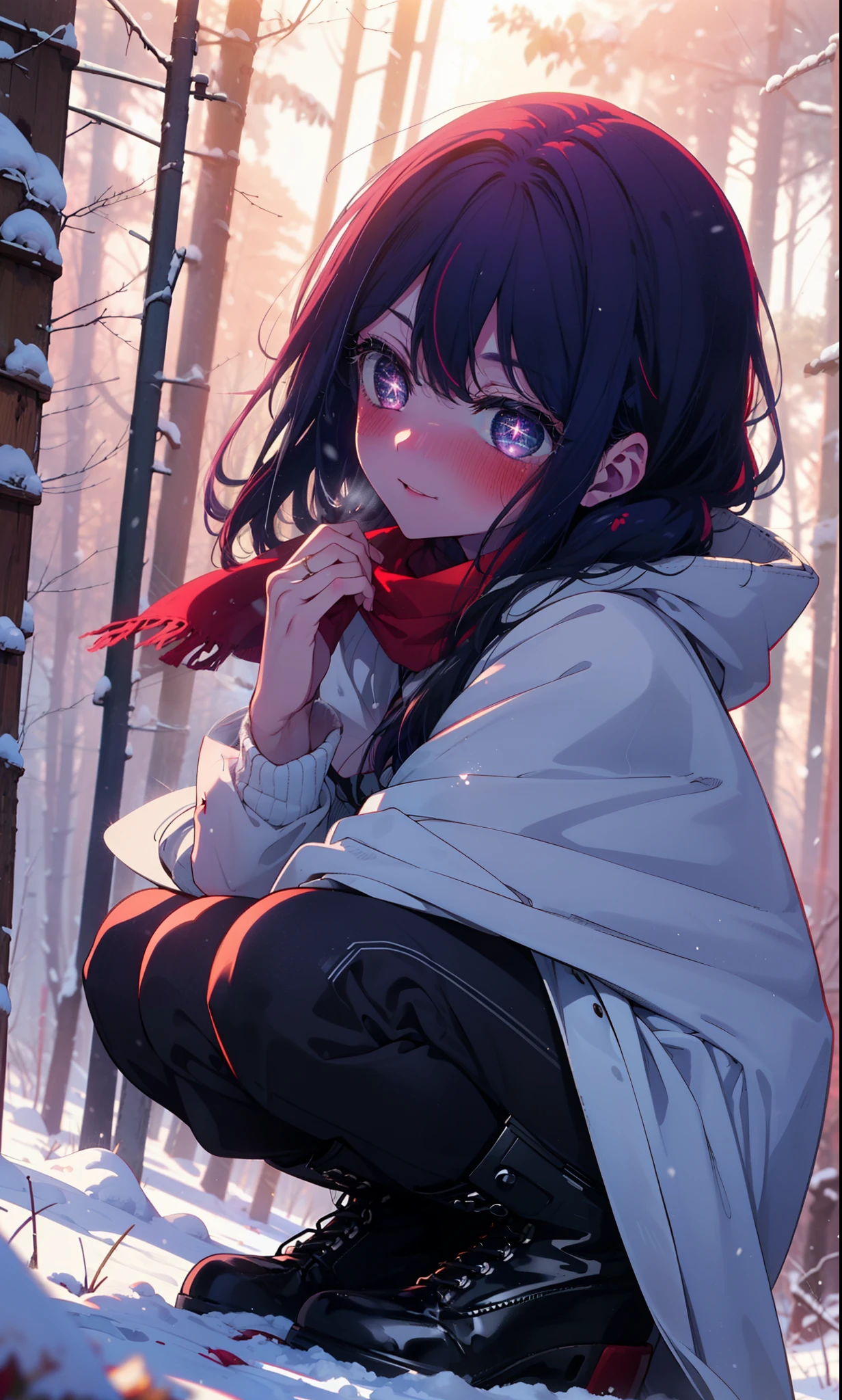 aihoshino, Ai Hoshino, Long Hair, bangs, (Purple eyes:1.1), Purple Hair, (Symbol-shaped pupil:1.5), smile,,smile,blush,White Breath,
Open your mouth,snow,Ground bonfire, Outdoor, boots, snowing, From the side, wood, suitcase, Cape, Blurred, , forest, White handbag, nature, Squat, Mouth closed, Cape, winter, Written boundary depth, Black shoes, red Cape break looking at viewer, Upper Body, whole body, break Outdoor, forest, nature, break (masterpiece:1.2), Highest quality, High resolution, unity 8k wallpaper, (shape:0.8), (Beautiful and beautiful eyes:1.6), Highly detailed face, Perfect lighting, Highly detailed CG, (Perfect hands, Perfect Anatomy),
