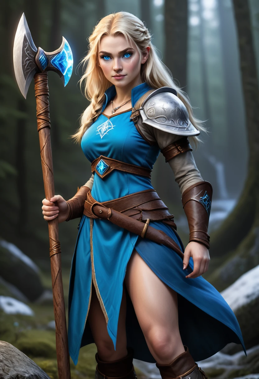 a human female mage nordic women. with an axe. she is holding a wand. sher has blonde hair and blue eyes.