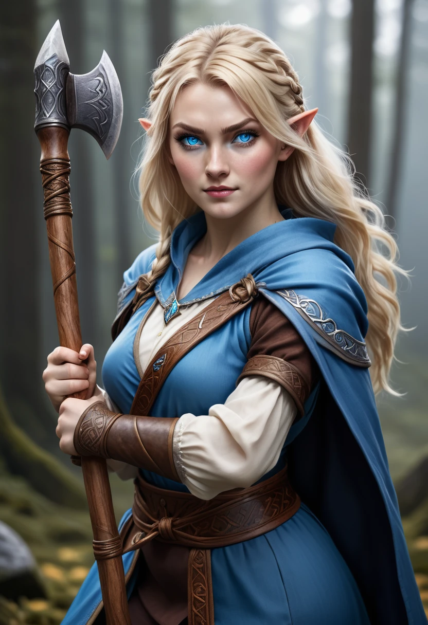 a human female mage nordic women. with an axe. she is holding a wand. sher has blonde hair and blue eyes.