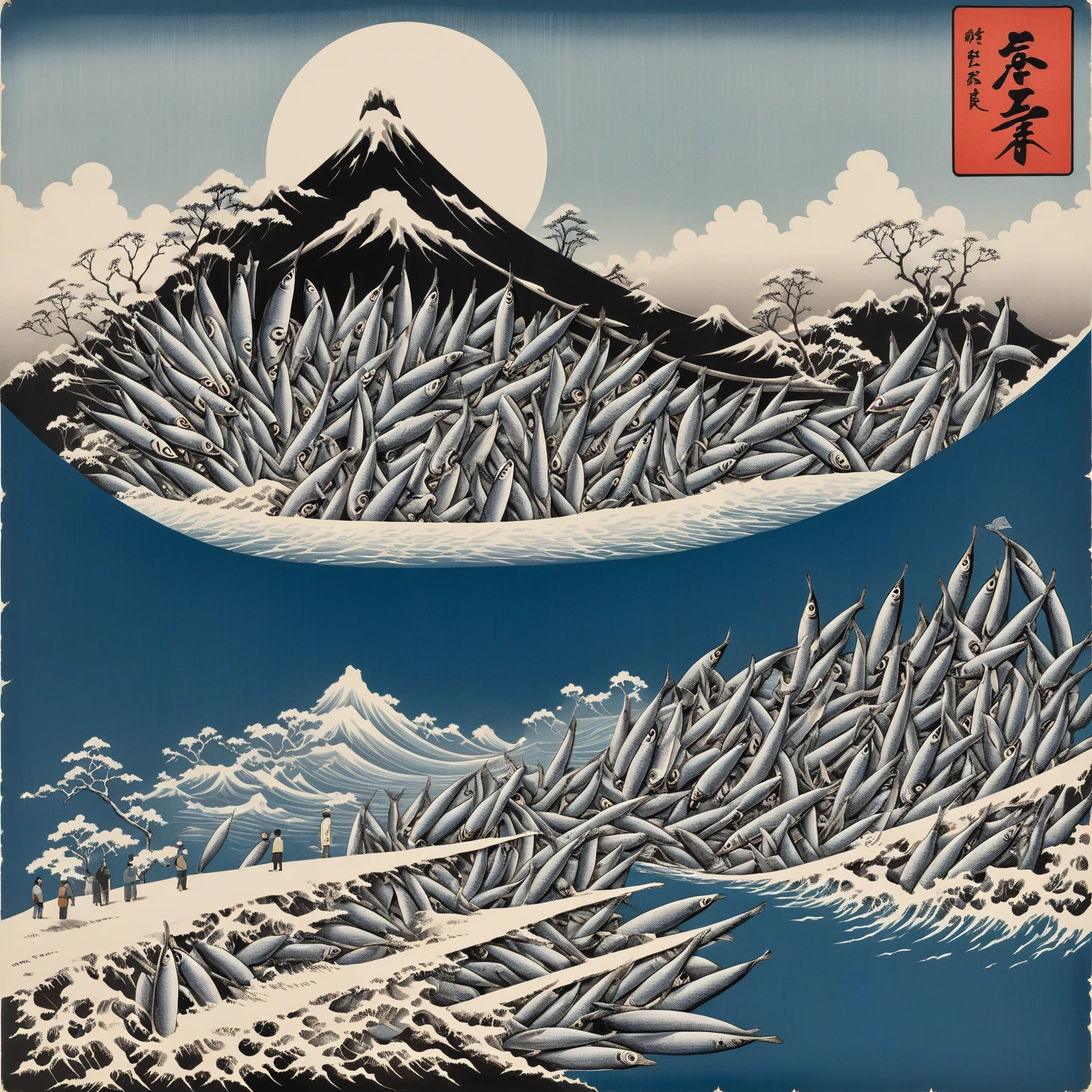 Tinned sardines in traditionally flat pull can, Japanese retro landscape poster, Ikko Tanaka, negative space, abstract, ukiyo-e