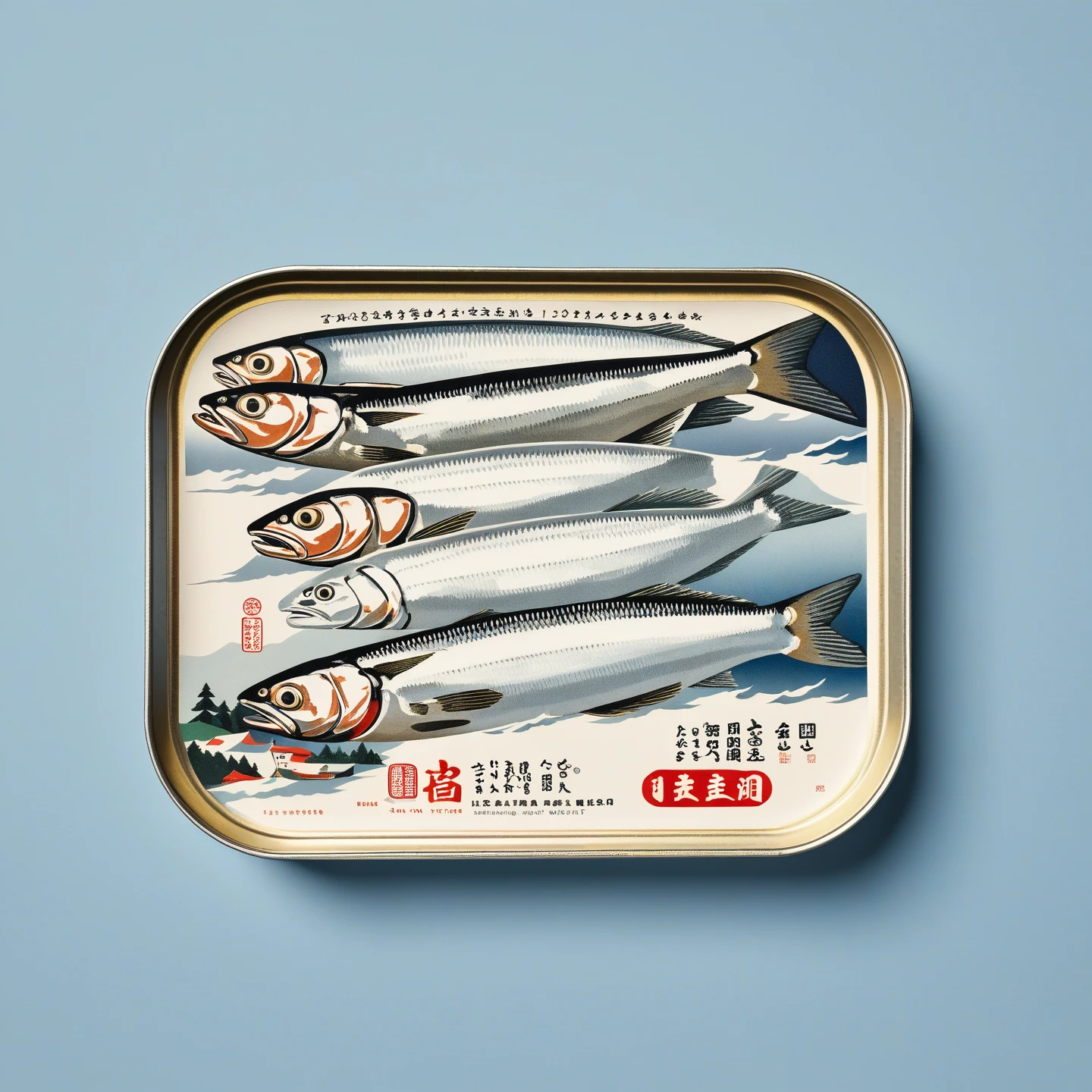 Tinned sardines in traditionally flat pull can, Japanese retro landscape poster, Ikko Tanaka, negative space, abstract, ukiyo-e