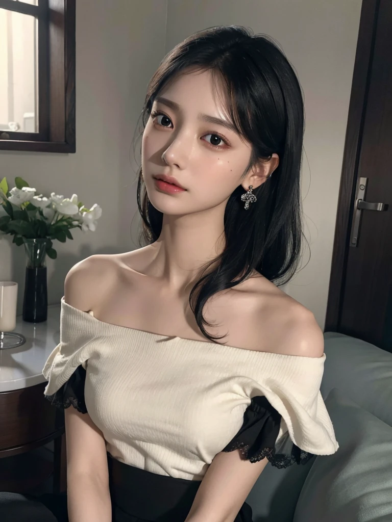 absurdres, RAW photo, extremely delicate and beautiful, masterpiece, Best Quality, ultra high resolution, 32k, hyperrealistic, ultra-detailed, delicate facial features, beautiful detailed woman, tearful mole, earring, medium breasts, full body shot, medium hair, black hair, blouse, short skirt, off shoulder,
