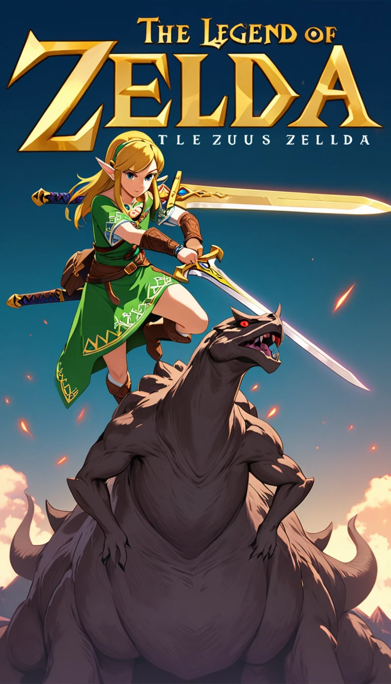 female Zelda, sword,( standing on monster),The Legend of Zelda, text saying "The Legend of Zelda"