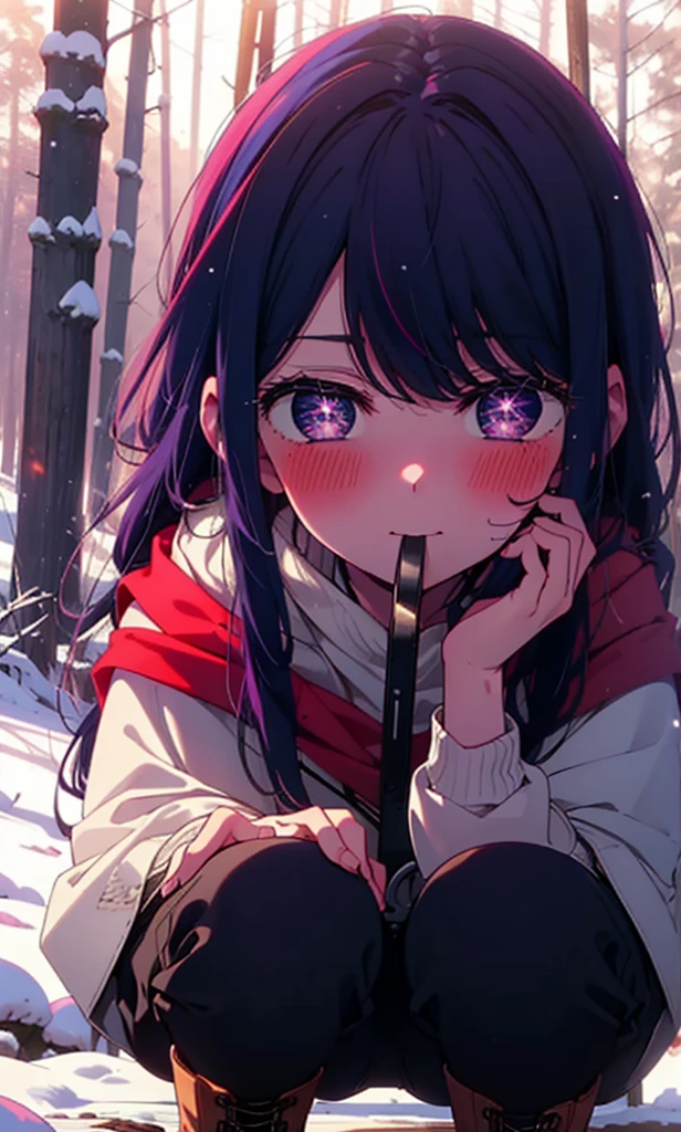 aihoshino, Ai Hoshino, Long Hair, bangs, (Purple eyes:1.1), Purple Hair, (Symbol-shaped pupil:1.5), smile,,smile,blush,White Breath,
Open your mouth,snow,Ground bonfire, Outdoor, boots, snowing, From the side, wood, suitcase, Cape, Blurred, , forest, White handbag, nature, Squat, Mouth closed, Cape, winter, Written boundary depth, Black shoes, red Cape break looking at viewer, Upper Body, whole body, break Outdoor, forest, nature, break (masterpiece:1.2), Highest quality, High resolution, unity 8k wallpaper, (shape:0.8), (Beautiful and beautiful eyes:1.6), Highly detailed face, Perfect lighting, Highly detailed CG, (Perfect hands, Perfect Anatomy),
