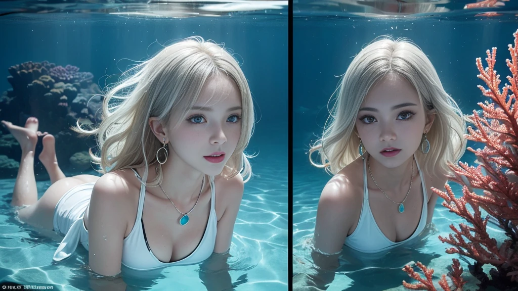 (Highest Quality Realistic Textured Skin),(terrible),(OK, round, Symmetrical eyes),Delicate facial features,(Burning bright cold eyes),(She has a mischievous smile),(Her face is kind and beautiful),Glass earrings in the ears,,(blonde),(Silvery white hair),(Chestnut Hair),(Swim at the bottom of the ocean),(Full body portrait:1.5),(Dramatic Photos:1.4),(Dramatic Pose),(Flashy photos)(look up),(Looking down),(Around her neck is a simple necklace made with exquisite craftsmanship.),Cluttered photos,(Hair flowing in water:1.5),(Underwater, Life at sea, 美しいCoral Reef, fish),(Background vortices and currents),(Dramatic Light),(Nice views),(美しいfishに囲まれて),遠くの背景にはCoral Reefに沈んだ寺院が見える,Coral Reef,Spectacular realism,Cinematic atmosphere,(High-density image review:1.5),(Soft colors:1.2),Very detailed,Dramatic Light,(Intricate details:1.1),Complex background,