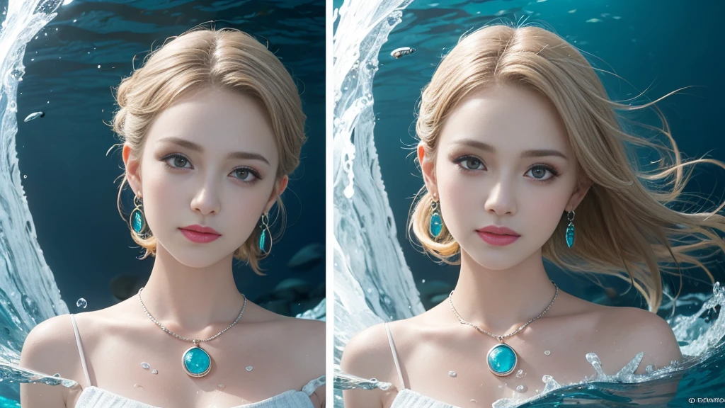 (Highest Quality Realistic Textured Skin),(terrible),(OK, round, Symmetrical eyes),Delicate facial features,(Burning bright cold eyes),(She has a mischievous smile),(Her face is kind and beautiful),Glass earrings in the ears,,(blonde),(Silvery white hair),(Chestnut Hair),(Swim at the bottom of the ocean),(Full body portrait:1.5),(Dramatic Photos:1.4),(Dramatic Pose),(Flashy photos)(look up),(Looking down),(Around her neck is a simple necklace made with exquisite craftsmanship.),Cluttered photos,(Hair flowing in water:1.5),(Underwater, Life at sea, 美しいCoral Reef, fish),(Background vortices and currents),(Dramatic Light),(Nice views),(美しいfishに囲まれて),遠くの背景にはCoral Reefに沈んだ寺院が見える,Coral Reef,Spectacular realism,Cinematic atmosphere,(High-density image review:1.5),(Soft colors:1.2),Very detailed,Dramatic Light,(Intricate details:1.1),Complex background,