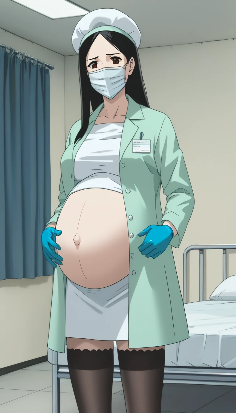 score_9, score_8_up, score_7_up, source_anime, raw image, masterpiece, highest quality, natural light, patient room background, kasuganoray, good shape, pale skin, shy eyes, big breasts, scrubs, surgical mask, bouffant cap, long sleeve long sleeve maternity coat, long sleeve pregnant coat, long stockings,
1girl, pregnant, solo, rubber gloves, looking down, furrowed brow, hospital bed, standing, even though she's pregnant she has a good figure,