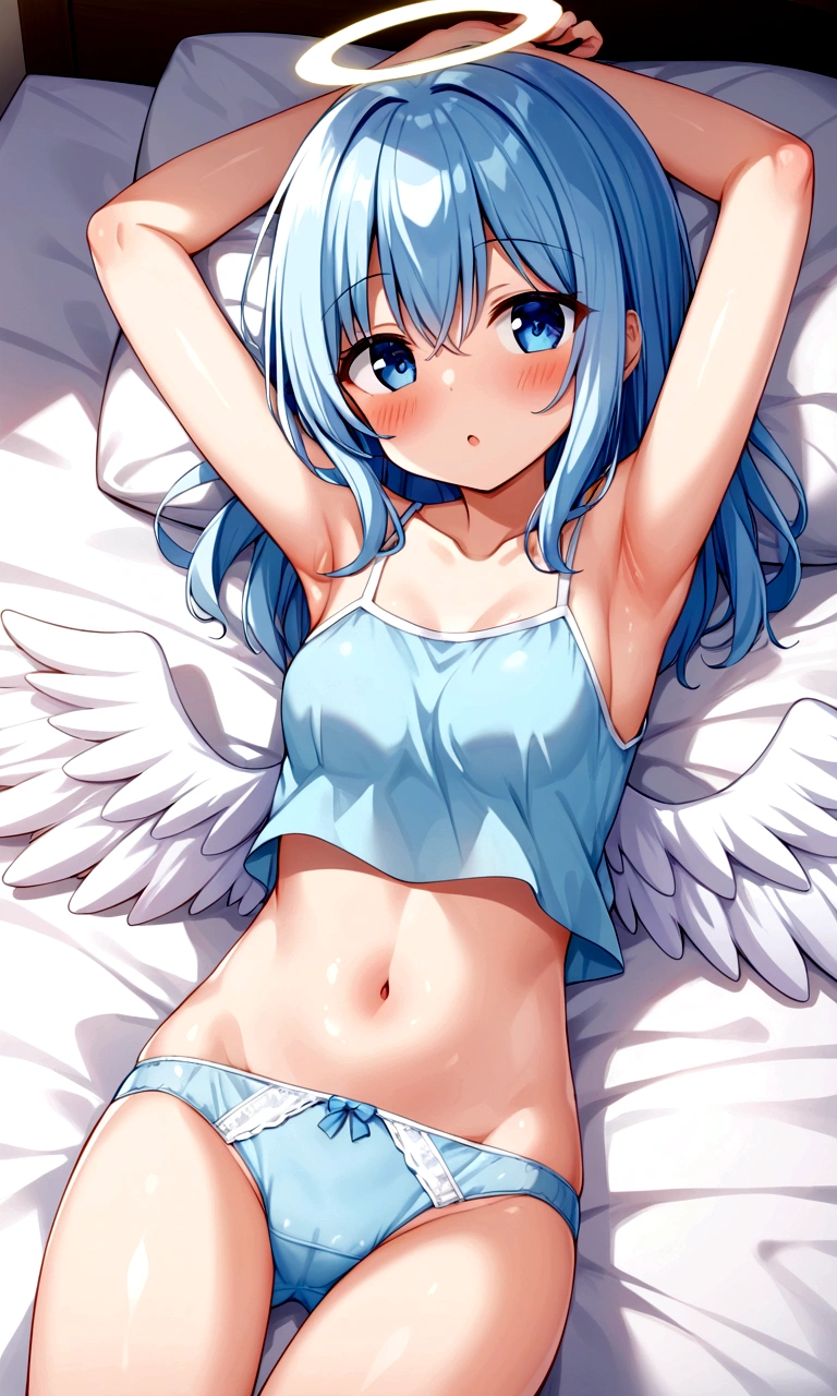 1girl, cute, angel, tight, (armpit), panties, bed, (small clothes), midriff
