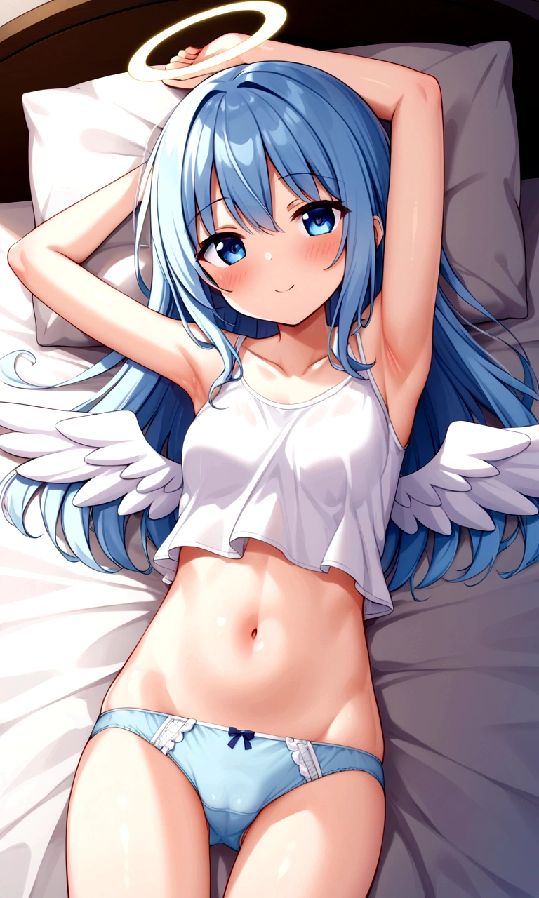 1girl, cute, angel, tight, (armpit), panties, bed, (small clothes), midriff