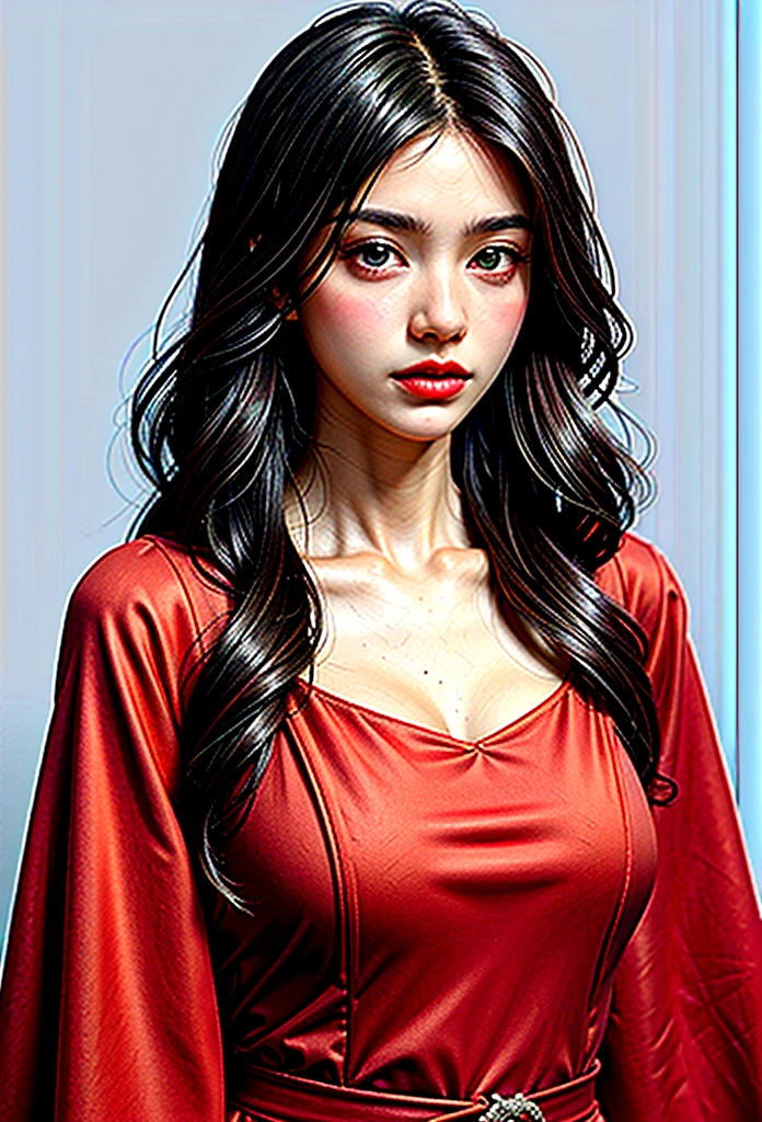 Woman in long clothes with black wavy hair and red eyes,