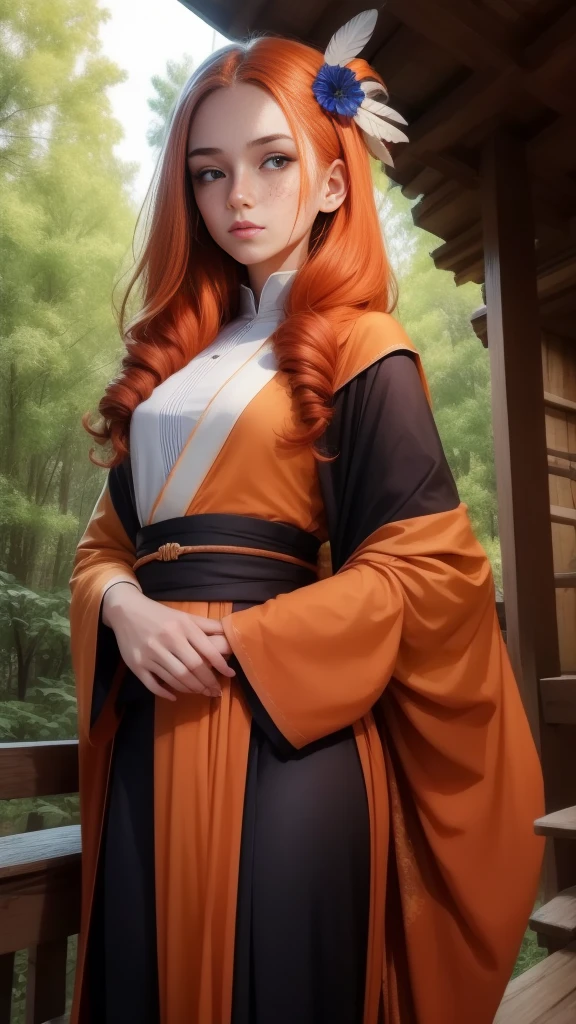 18 years old princess, striking figure, long ginger hair, wavy hairs, fair skin, (freckles), (kolito), innocent and regal appearance, expressive eyes are filled with a mix of curiosity and determination, her slender frame, elegant grace, vibrant orange kimono with white and black decorations, very long ((sleeves past fingers)), sleeves past wrists, feather headdress, in a forest