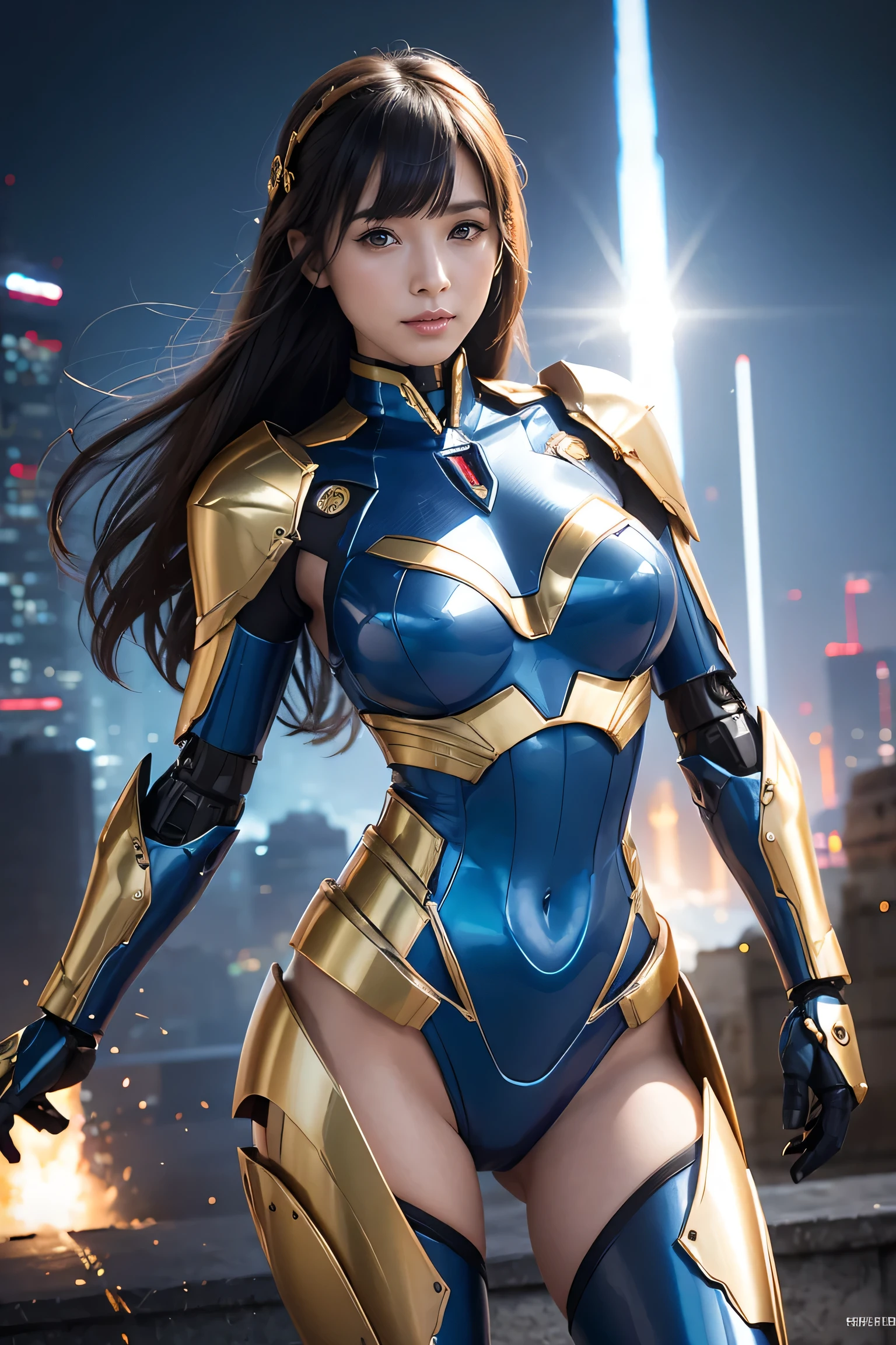 Textured skin, Very detailed, Attention to detail, high quality, 最high quality, High resolution, 1080P, , beautiful,(Super Heroine),Missile Guide,Beautiful cyborg woman,Mecha Cyborg Girl,Battle Mode,A girl with a metallic blue and gold mecha body,she&#39;Armed Combat Cyborg、Equipped with combat mechs,Full Body Shot、Diffuse reflection of laser light