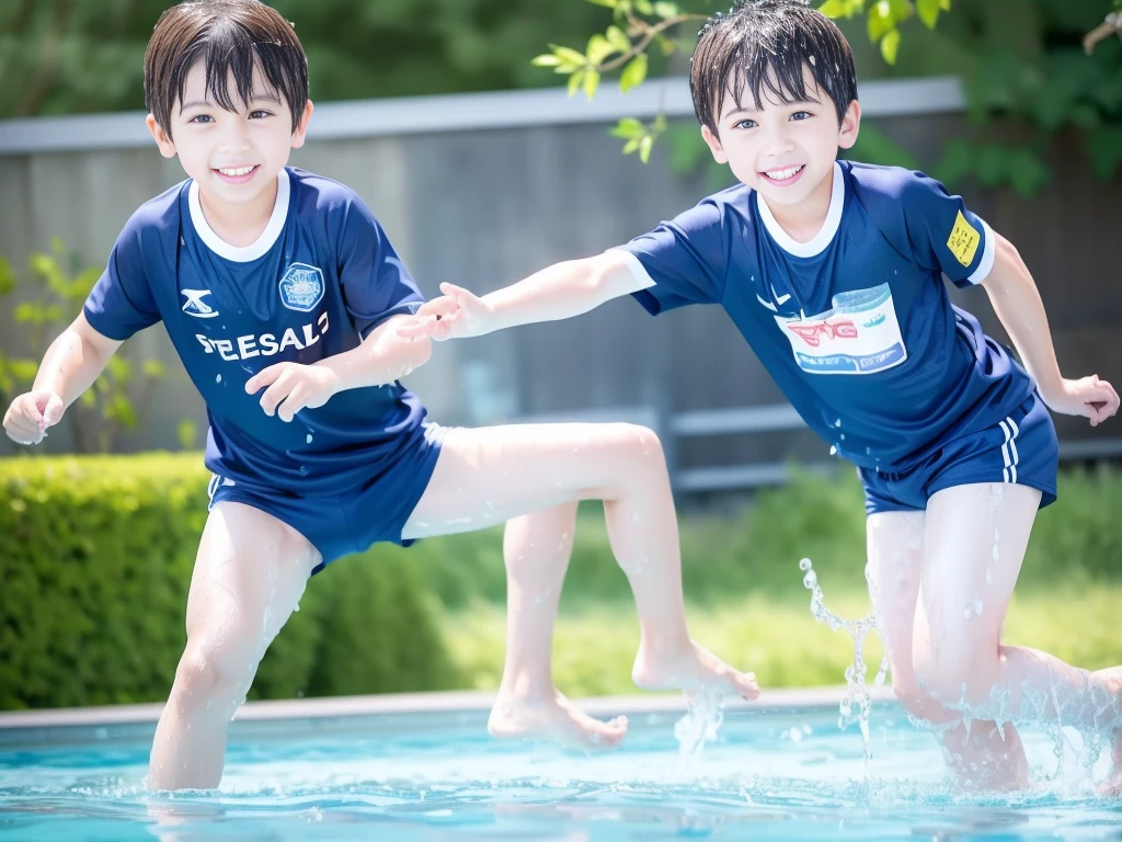hot summer、、Summer swimming pool、Fun every day、Get wet all over、Japan Boy、Glowing water splashes、Pool lessons、Boy playing in water、The happy boys、Strong sunlight、Short sleeve gym uniform、Blue shorts、barefoot，Boys only 、１０age、high resolution、masterpiece