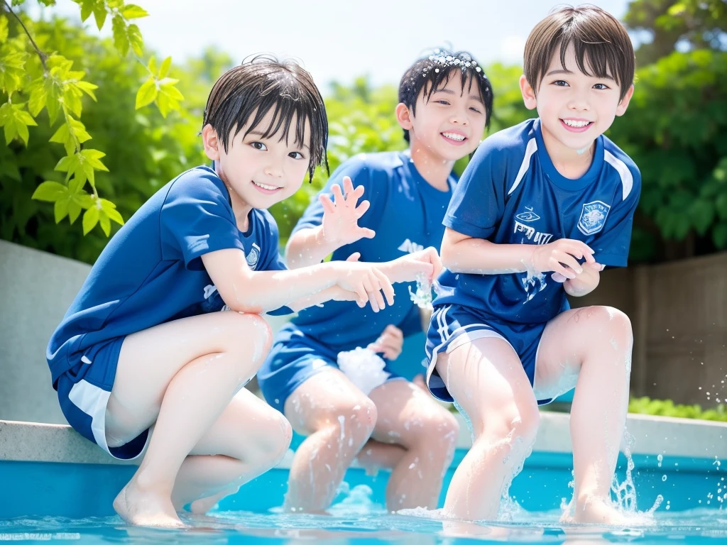 hot summer、、Summer swimming pool、Fun every day、Get wet all over、Japan Boy、Glowing water splashes、Pool lessons、Boy playing in water、The happy boys、Strong sunlight、Short sleeve gym uniform、Blue shorts、barefoot，Boys only 、１０age、high resolution、masterpiece